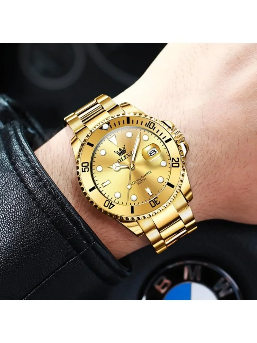 Men's Gold Luxury Stainless Steel Waterproof Quartz Big Face Fashion Wrist Watch